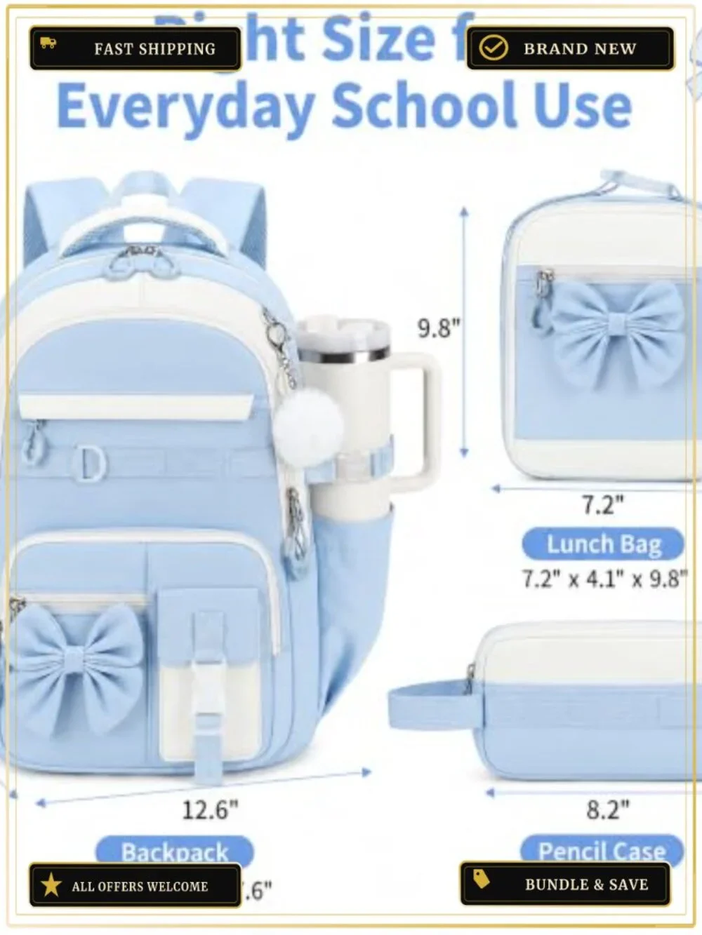 Girls Backpack Set with Lunch Box & Pencil Case, Water Bottle Holder, Polyester